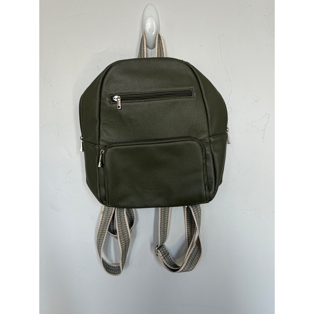 Jewell by Thirty-One Mini Backpack Olive Green Pebbled Faux Leather Woven Straps
